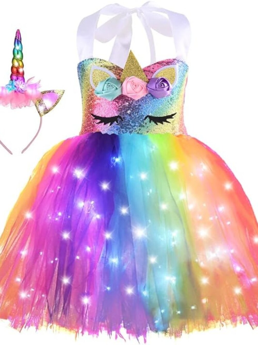 🌈 Rainbow Light-Up Unicorn Halloween Costume w/ Wings + Headband | Size: 3T – 4